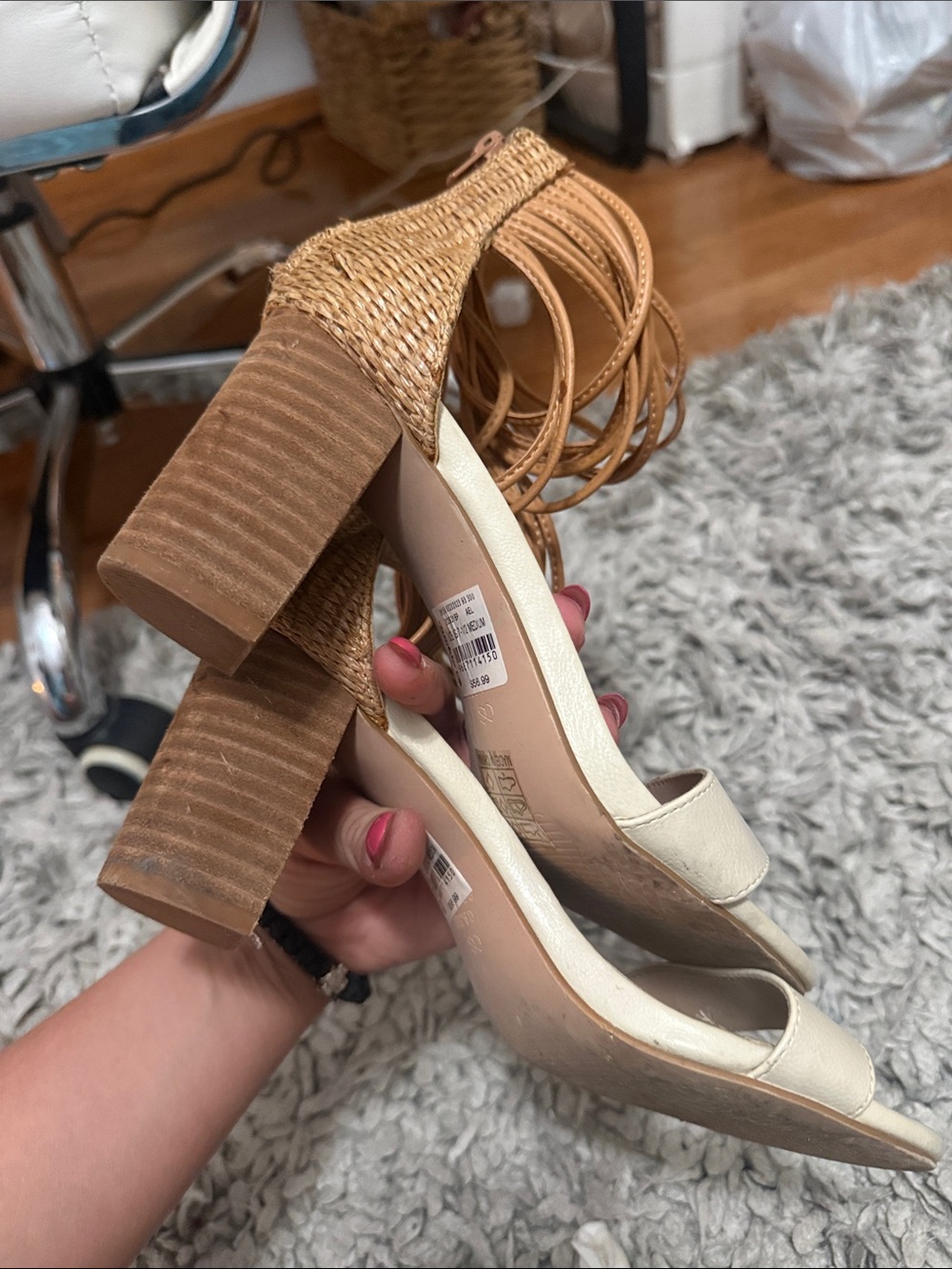 Woven Heel Ankle-Tie Wedge Sandals in Cream and Tan - Picture 10 of 11